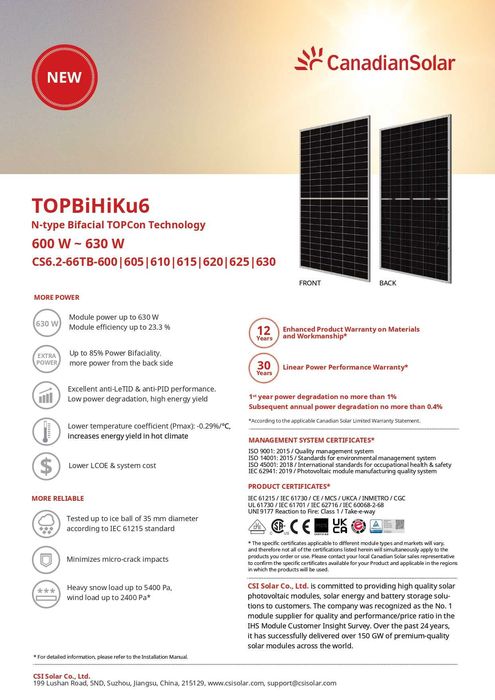 Panouri fotovoltaice Canadian Solar 615W - TOPBIHiKu6 (CS6.2-66TB-615)