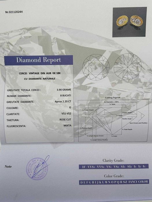 CERCEI AUR 18K + 2 DIAMANTE X 1CT = 2CT + 6 Diam = 0.20ct - Vintage + Certificat !