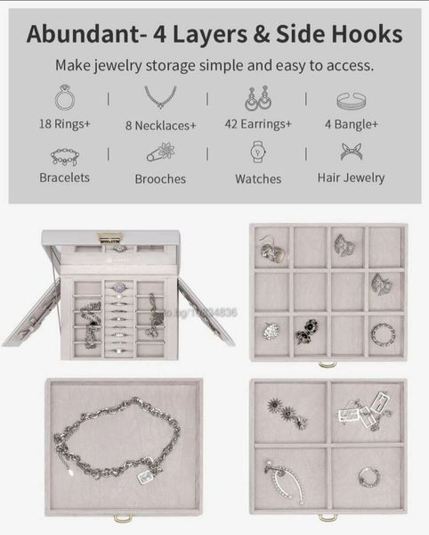 Голяма кутия за бижута от PU кожа с огледало - 4 нива, кадифена подпла