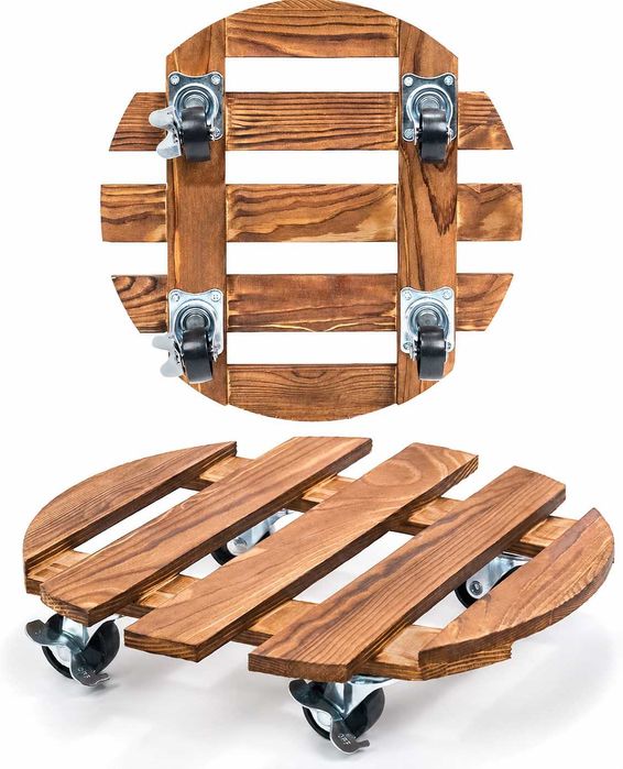 Suport ghivece rotund cu roti, pivotante 360°, sistem de blocare, diametru 30 cm, Lemn