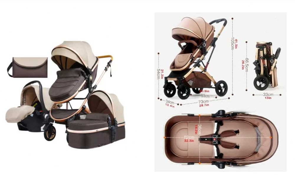 Carucior 3 in 1, Suspensie dubla pe roata, strangere compacta, Belecoo, bej