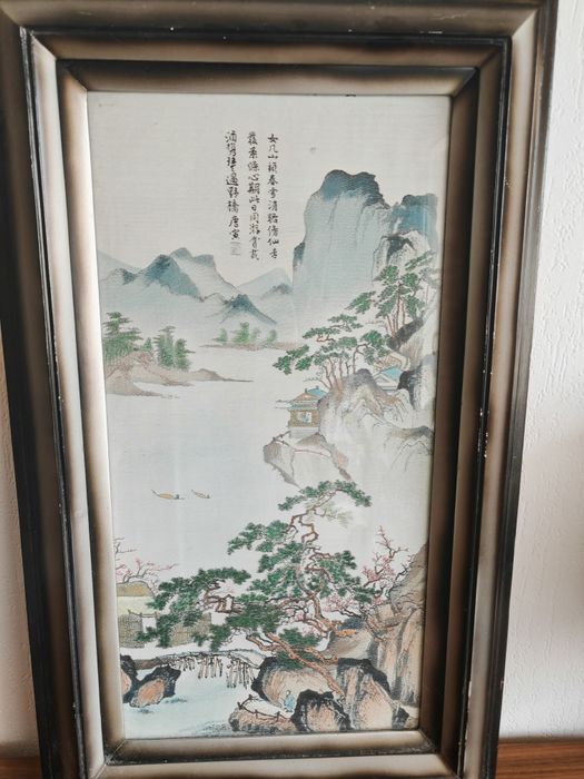 Голяма ретро китайска бродерия върху коприна (75х45 см) – 70-те години(Картина)