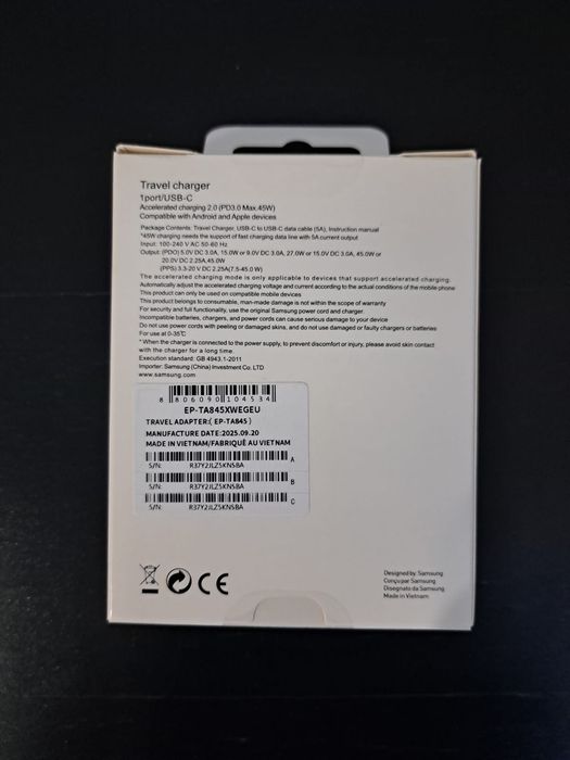 Încărcător Samsung 45w Super Fast Charging  + Cablu USB C 5A , Nou