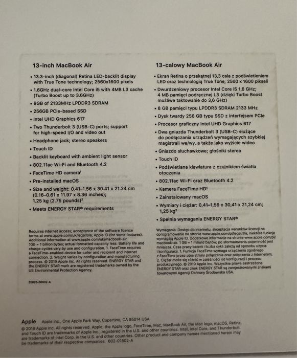 Vand MacBook Air 13″ 2019, i5 1.6 GHz, 8 GB, Intel UHD Graphics 617