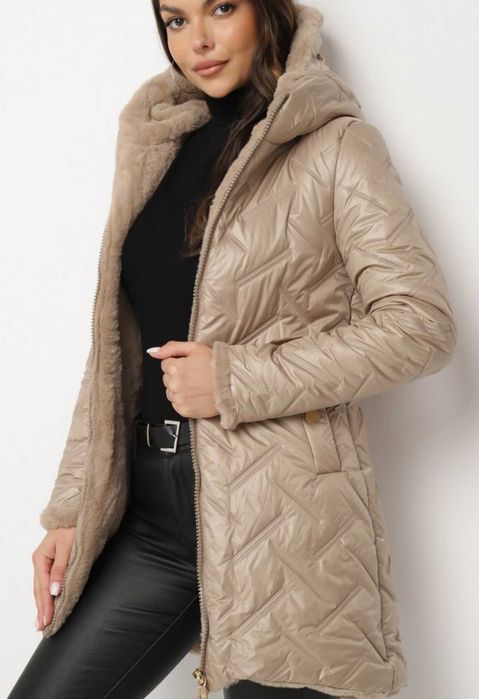 Geaca dama de iarna bej, parka, cu gluga si blanita, S/36, nou