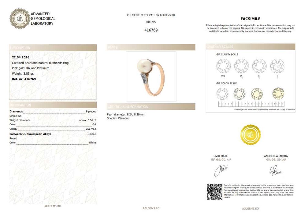 Inel din aur roz și platină, cu perlă Akoya anturată de diamante
