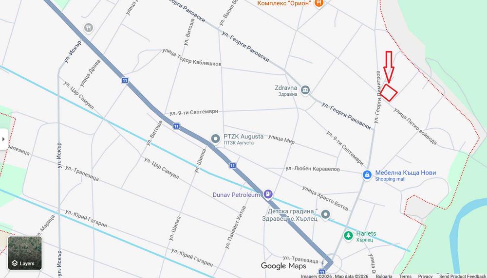 Имот в регулация 2542 кв.м | Лице към три улици | ВиК – с. Хърлец