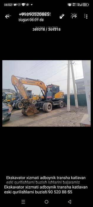 Ekskavator xizmati adboynik transha katlavan eski qurilishlarni buzish