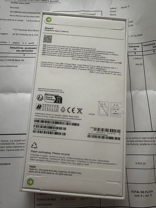iPhone 17 256GB Lavander Sigilat Factura + Garantie Negodat Nou