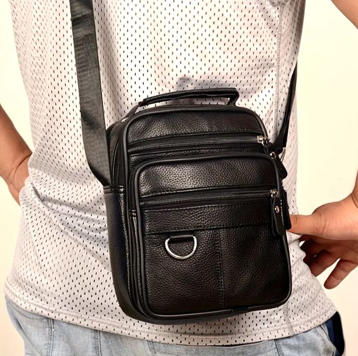 Мъжка функционална чанта с дръжка /Черна естествена кожа -10% Промоция