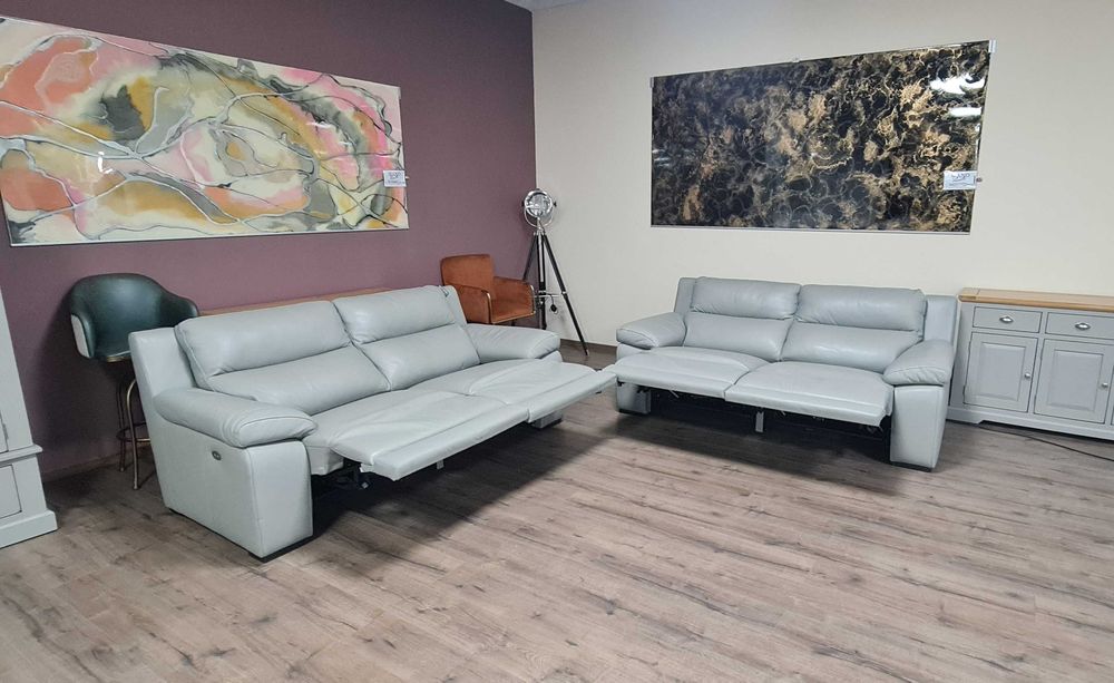 Италиански сив кожен комплект дивани две тройки с ел. релакс механизъм