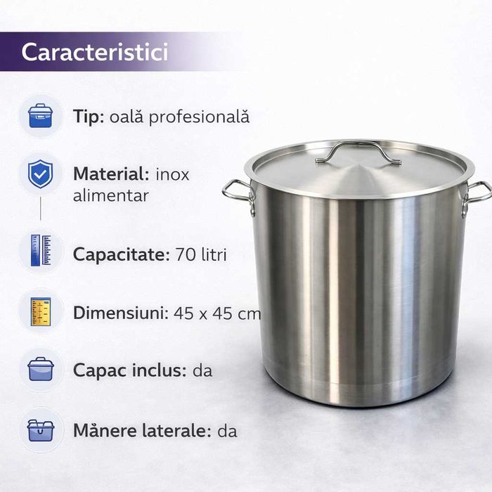 Oala inox profesionala 70 Litri diametru 45 cm pentru gatit volum mare