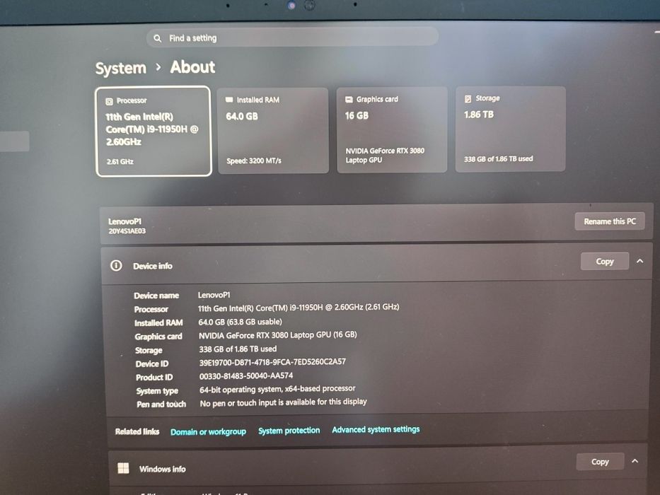 Laptop Lenovo ThinkPad P1 Gen 4 - Stație Grafică i9 11950H / 64GB RAM / RTX 3080 16GB / 2TB SSD Samsung 980 PRO