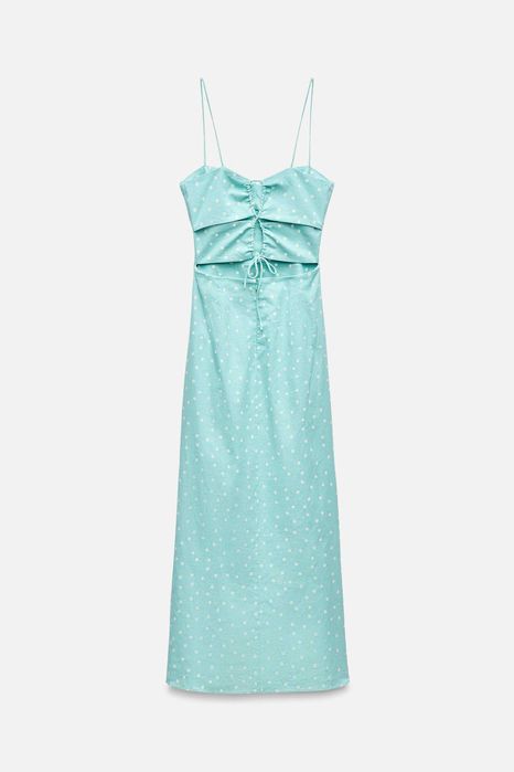 Рокля на ZARA примес на лен в състава си тип корсет размер С