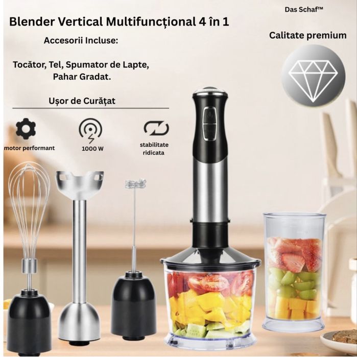 Blender Vertical putere 1000 W Das Schaf™- tocator 500ml, pahar gradat 700ml, lama inox, functie turbo – INCLUDE perie electrica pentru curatat