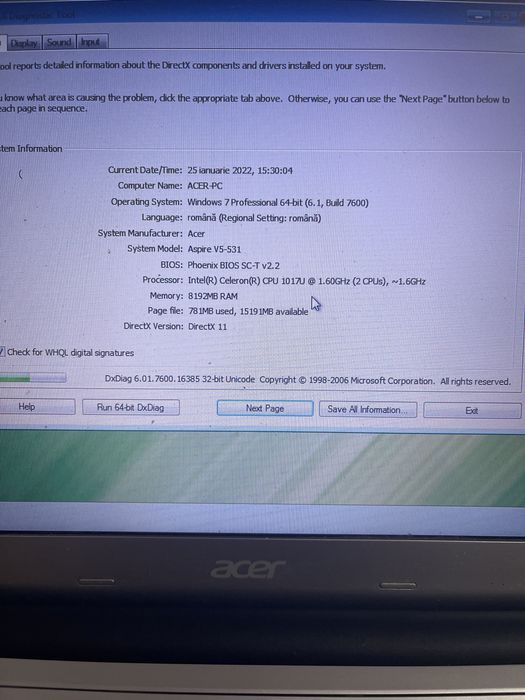 Laptop acer v5-531 8gb ram