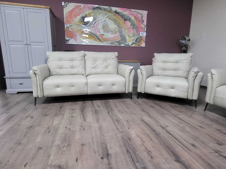 Италиански кремав кожен комплект тройка, двойка и фотьойл Bolzano