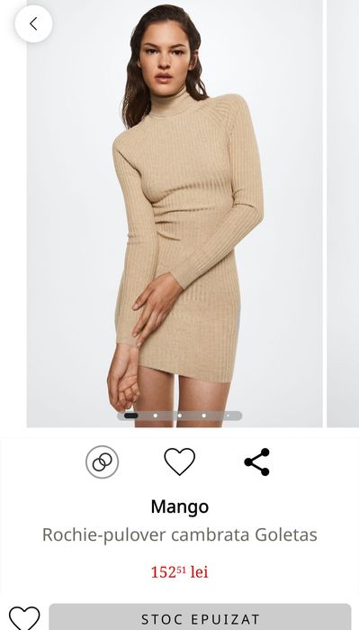 Rochie tricot reiată Mango guler bej neutral