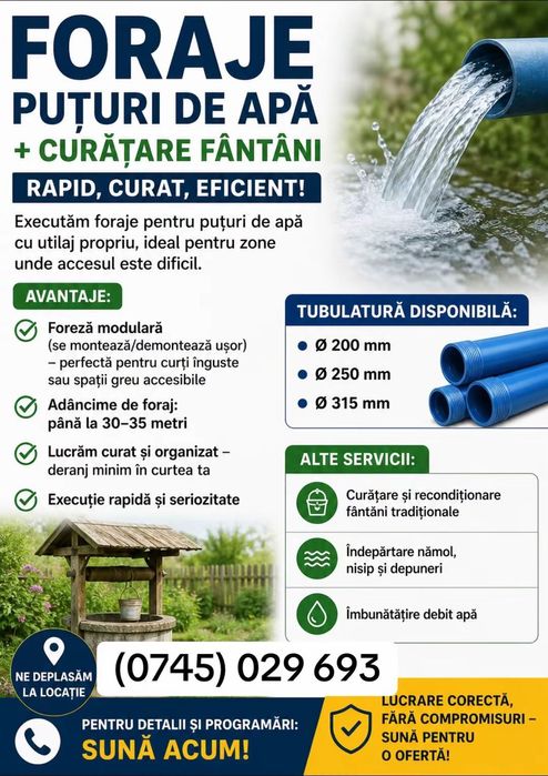 Foraj apa,deznisipari,curatat fantani