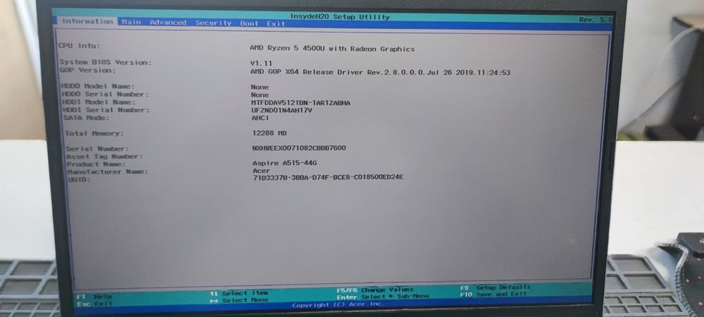 Acer Aspire Ryzen 4500U - 12gb ram - ssd500