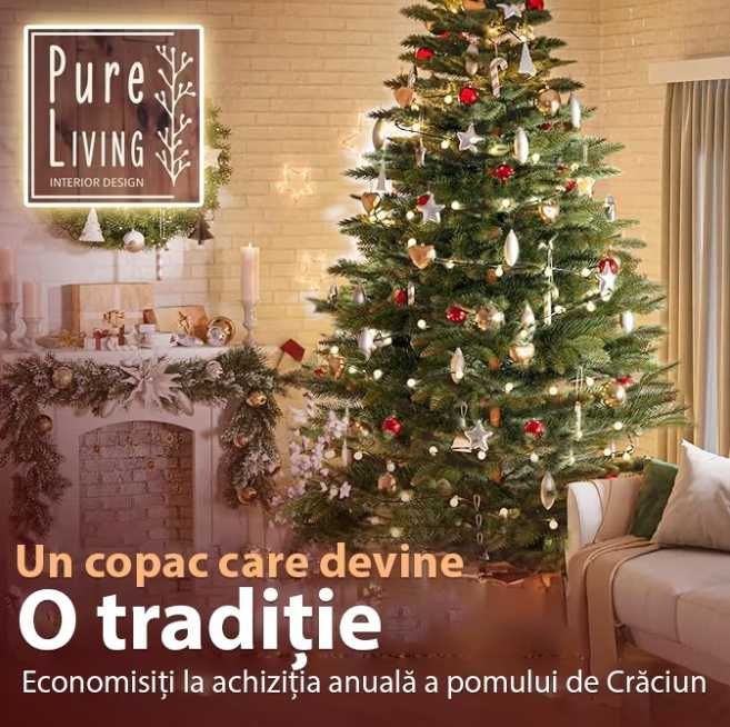 Brad artificial Pure Living 250 cm, ramuri realiste, suport lemn