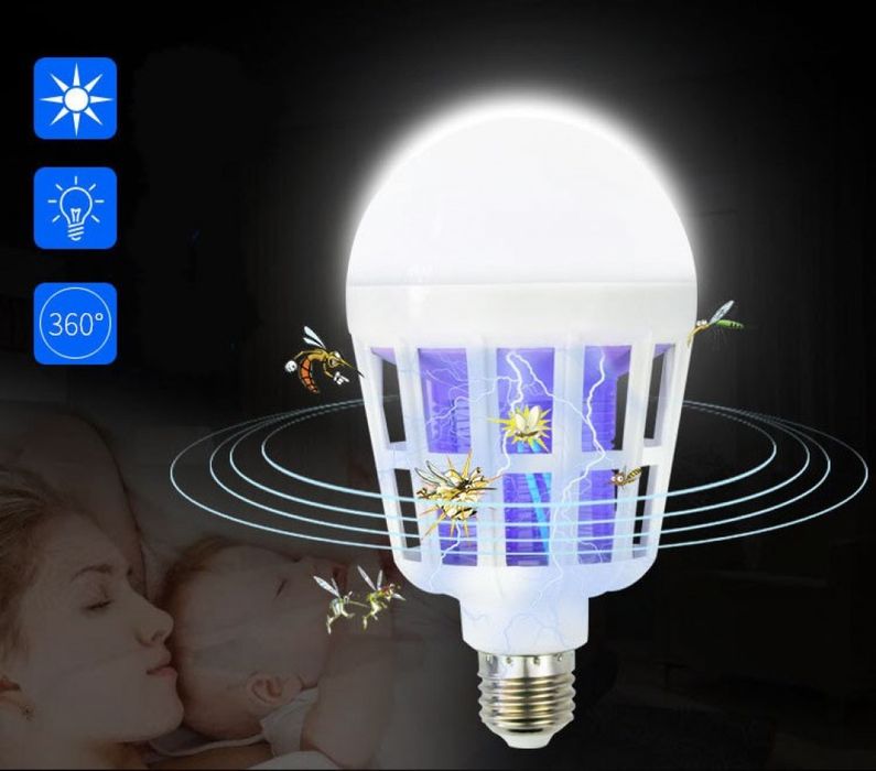 LED крушка против комари с адаптор за стена / Радиус на обхавата - до 20 метра / Волтаж - 220V / Мощност - 15W / Цветна температура - 6500K /