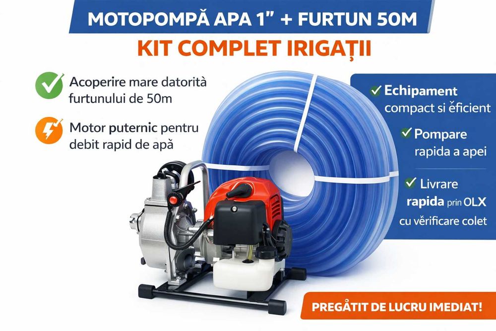 Motopompa Apa 1” + Furtun 50m Kit Complet Irigatii
