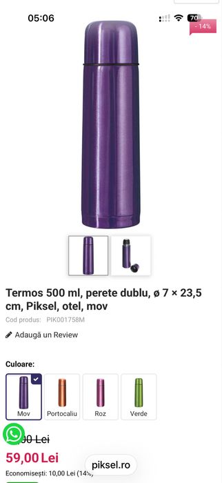 Termos 500 ml, perete dublu, ø 7 × 23,5 cm, Piksel, otel, mov