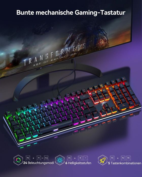 TECKNET Tastatură Mecanică pentru Jocuri 109 Taste cu Comutatoare Roșii – QWERTZ