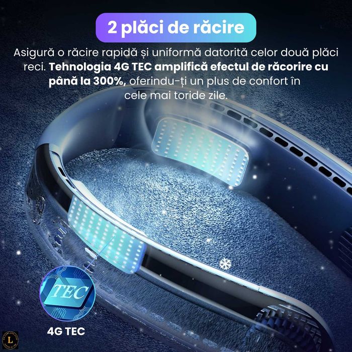 Ventilator portabil cu placi reci, racire 3D 720°,4 zone de ventilatie