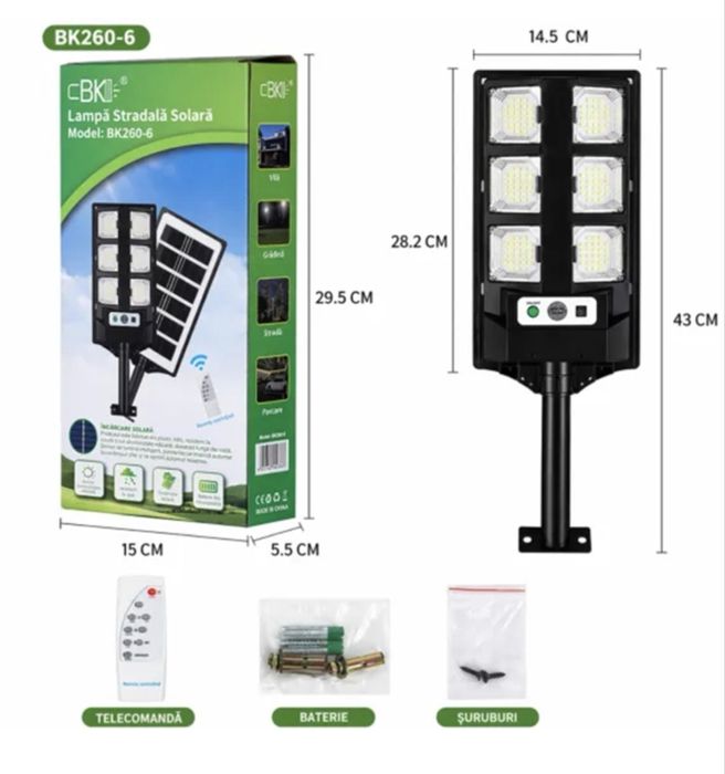 Lampa Solara Stradala, 43 cm, cu Panou Solar Integrat, 6 LED-uri Puternice, Telecomanda, Senzor de Lumina, Rezistenta la Apa