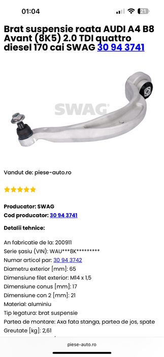 Brate suspensie fata Audi A4 B8 Avant (8k5) quattro