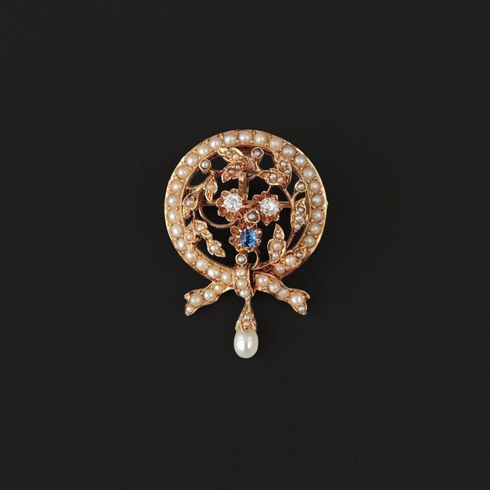 brosa-pandantiv Empire, aur 14k, diamante, safir, certif.