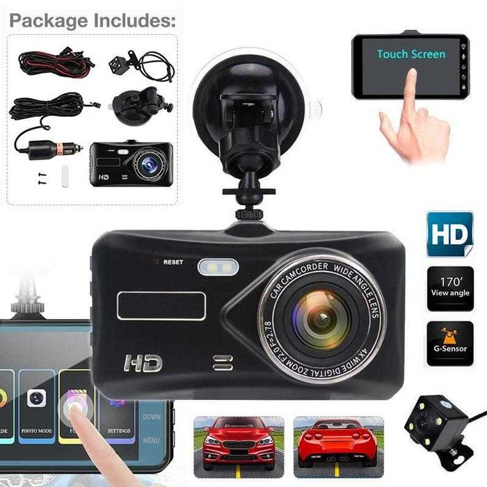 Cameră auto DVR Full HD include o unitate frontală cu ecran de 4 inchi și o cameră secundară pentru spate
