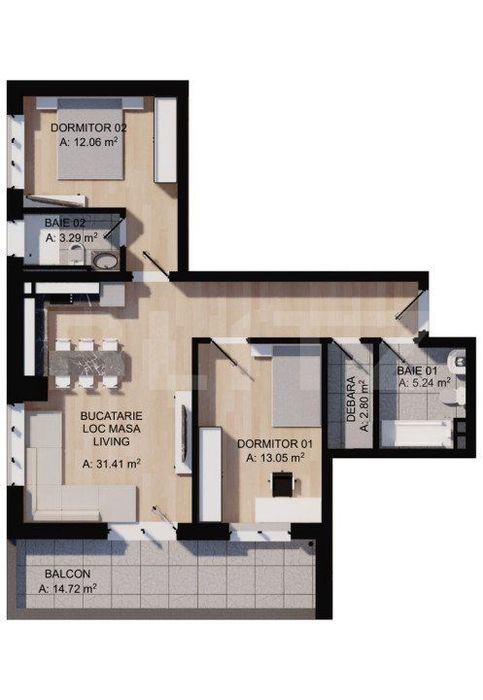 Apartament 3 camere, 68mp, 2bai, terasa 15mp, parcare, zona centrala
