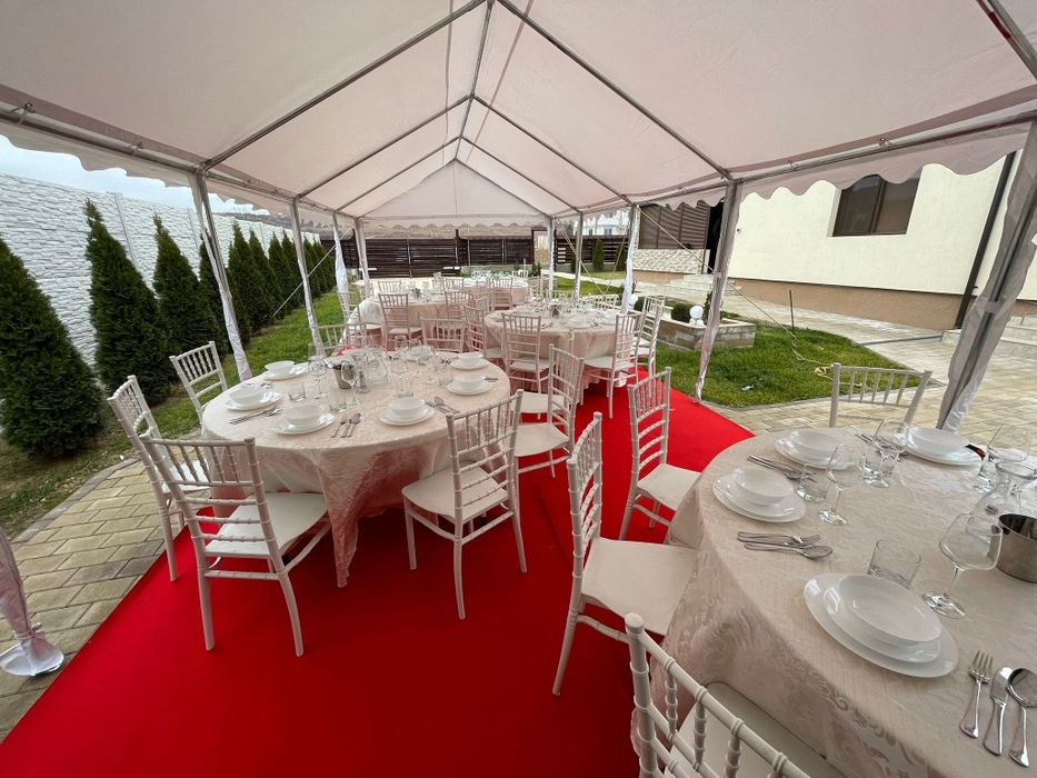 Cort evenimente,  mese , scaune , mocheta , vesela completa