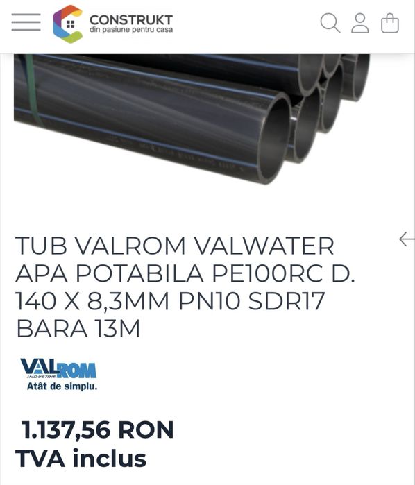 Teava polietilena apa Dn 140, SDR17, Valrom