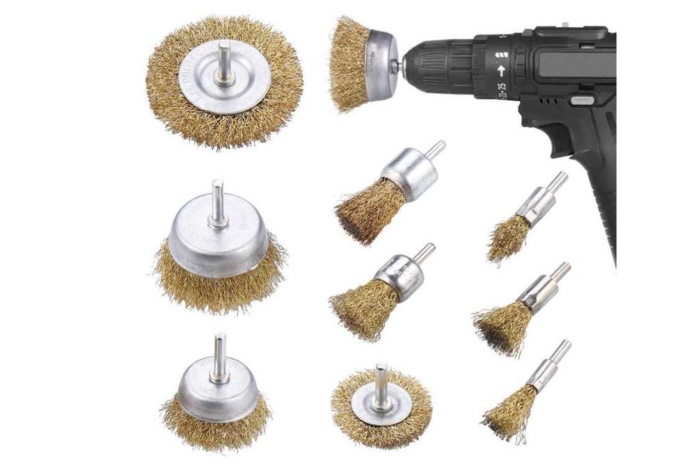 Set 9 perii sârma JIZZU pentru bormașină, inox placat cu alamă, colorat, 10x100mm