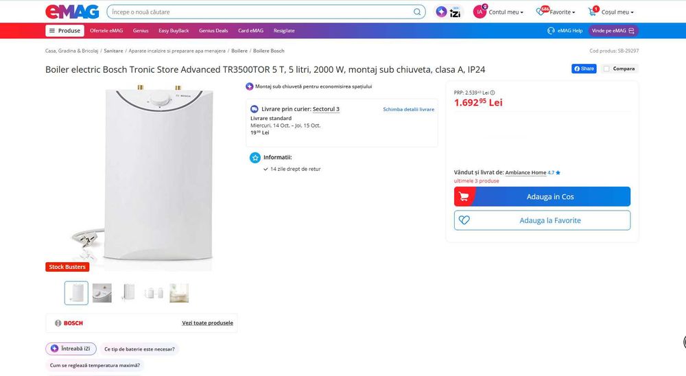 REDUS pana la 40%, BOSCH Boiler instant electric de Apa calda, Consum Clasa A, putere de la 15 la 24 KW , 230 V si 400 V