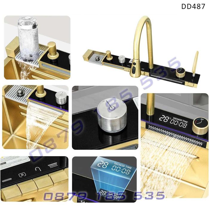 Луксозна златна кухненска мивка функции дисплей модерна чешма водопад