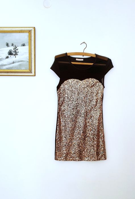 Rochie neagră paiete aurii Ebelieve S mini party club glamour elegantă sexy transparentă