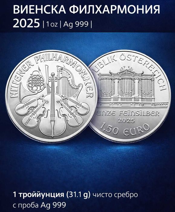 Сребърна монета ВИЕНСКА ФИЛХАРМОНИЯ 2025 1 oz Ag 999