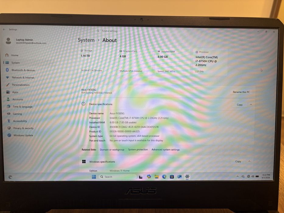 Лаптоп ASUS TUF Gaming FX505G / i7-8750H / GTX 1050 Ti 4GB / 8GB RAM