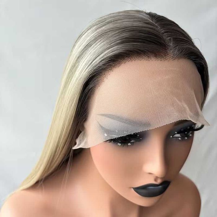 Руса права омбре перука с черни корени - 40 см, лейс фронт 13×4 Lace Front