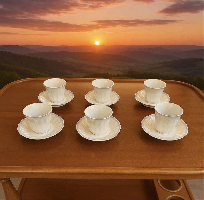 Винтидж порцеланов сервиз за кафе – 6 чаши с чинийки, седефна глазура