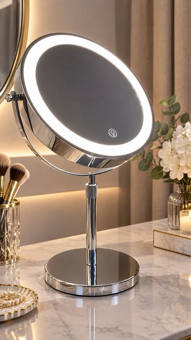 Зеркало настольное с увеличением и LED-подсветкой (двустороннее,метал)