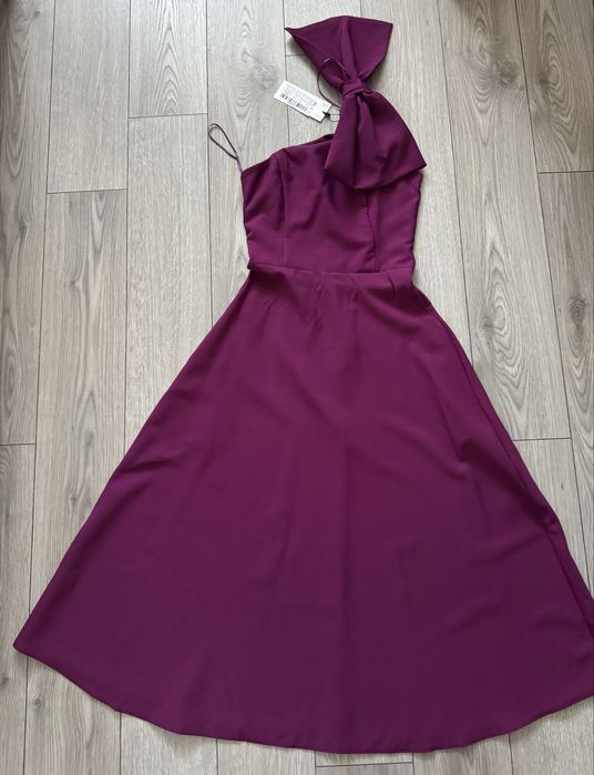Rochie pe un umar cu funda si buzunare xs-34