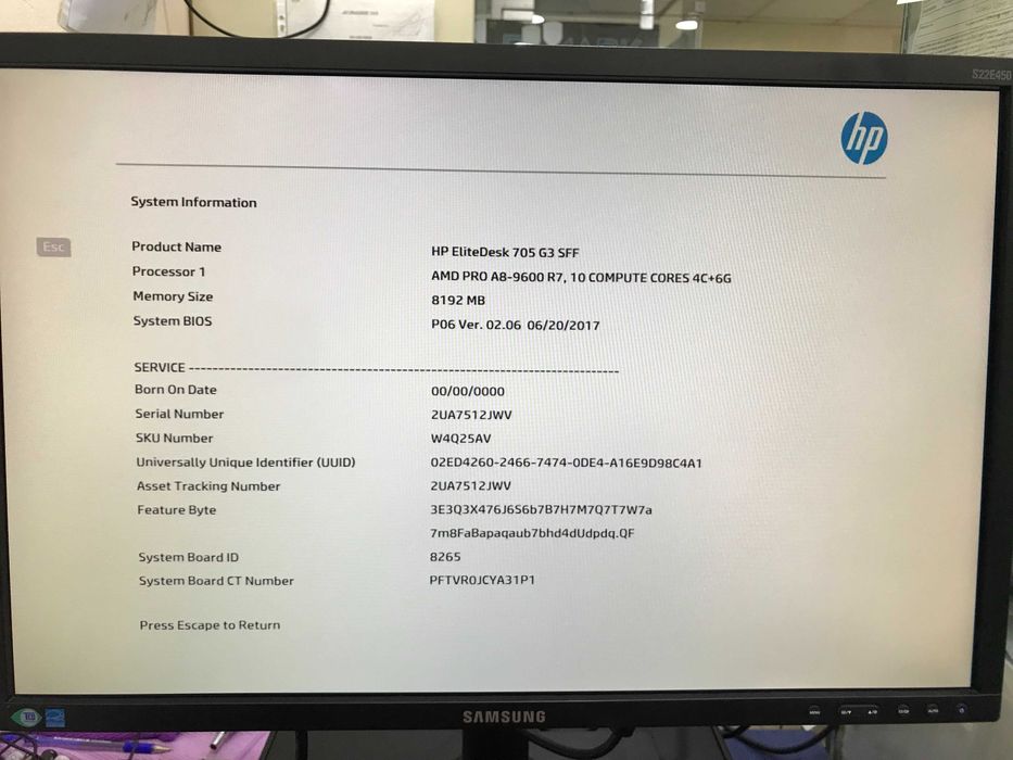 HP EliteDesk 705 G3-SFF,AMD-A12-pro 8870-R12/3.8 GHz-RAM 8 GB DDR4,No Hard