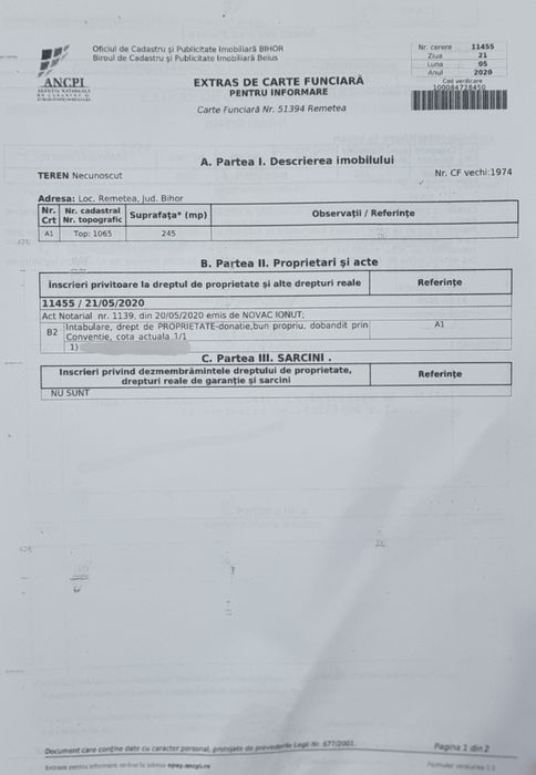 Vând  774 mp teren pt  cabana Valea Rosiei-Remetea,  pret  total 550 e