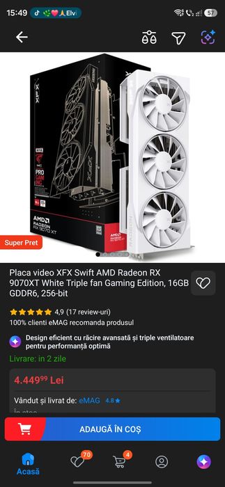 Placa video XFX Swift AMD Radeon RX 9070XT White Triple fan Gaming Edition, 16GB GDDR6, 256-bit